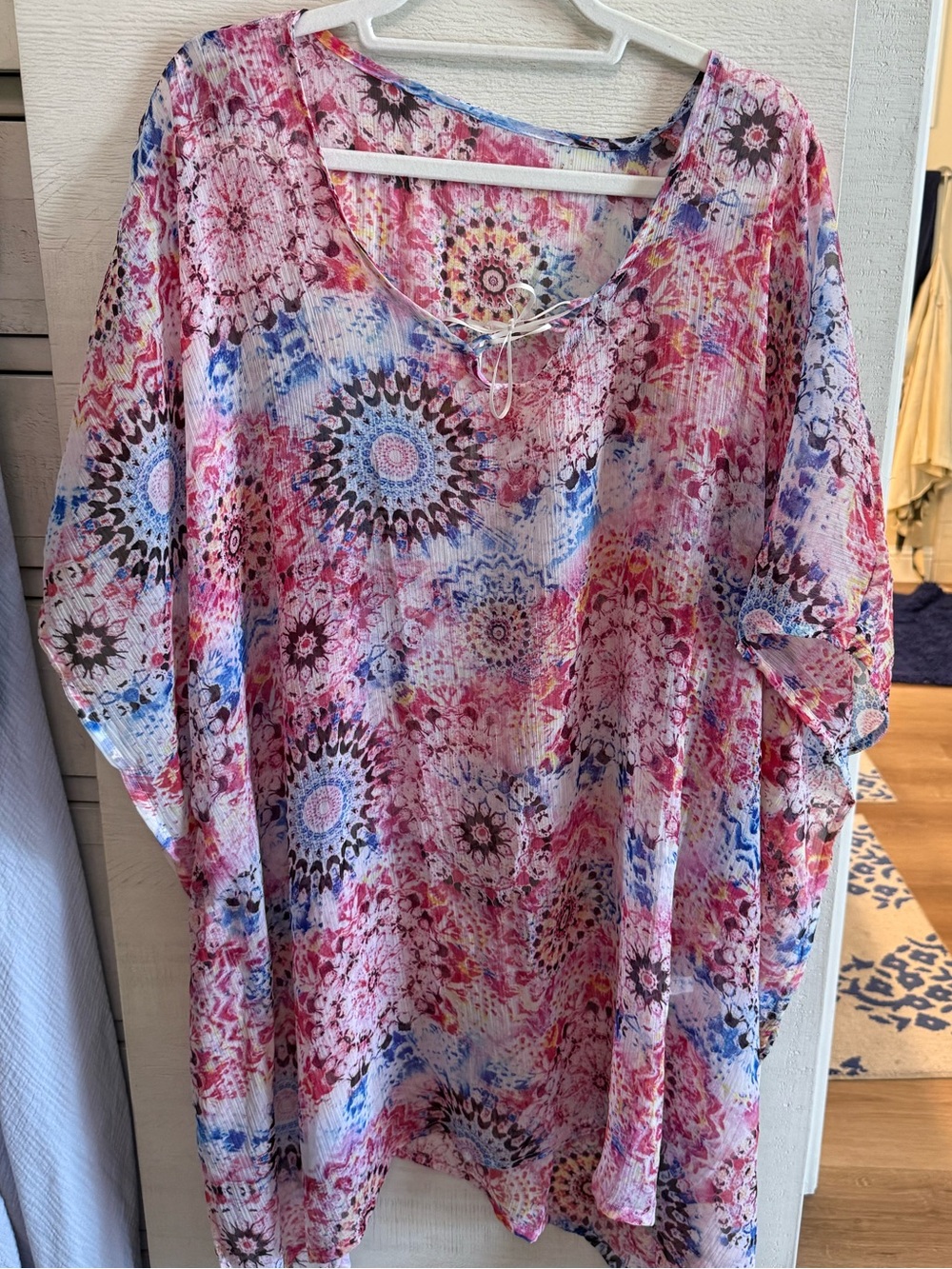 Women's Pink Multi-Color Medallion Print Tunic with V-Tie
